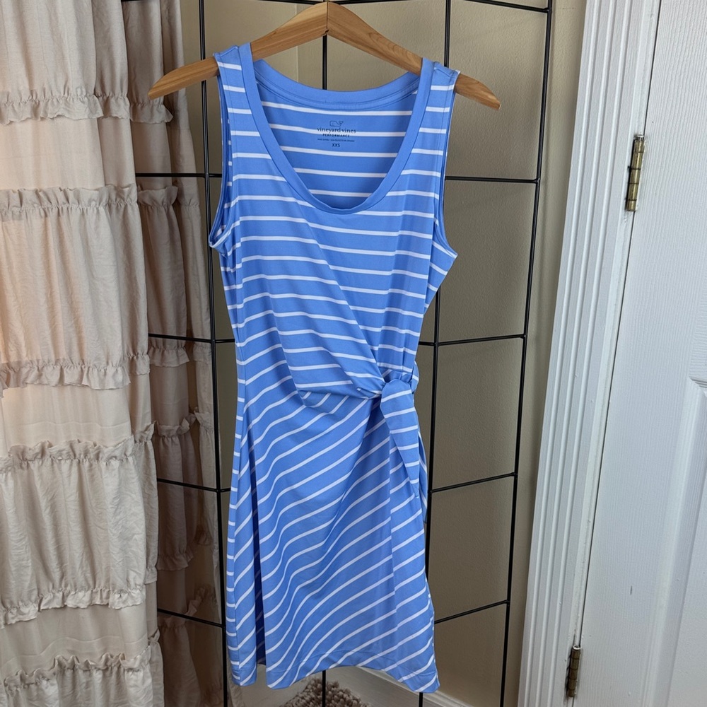 Vineyard Vines Sankaty Side Tie Tank Dress Light Blue White Stripe Size XXS
